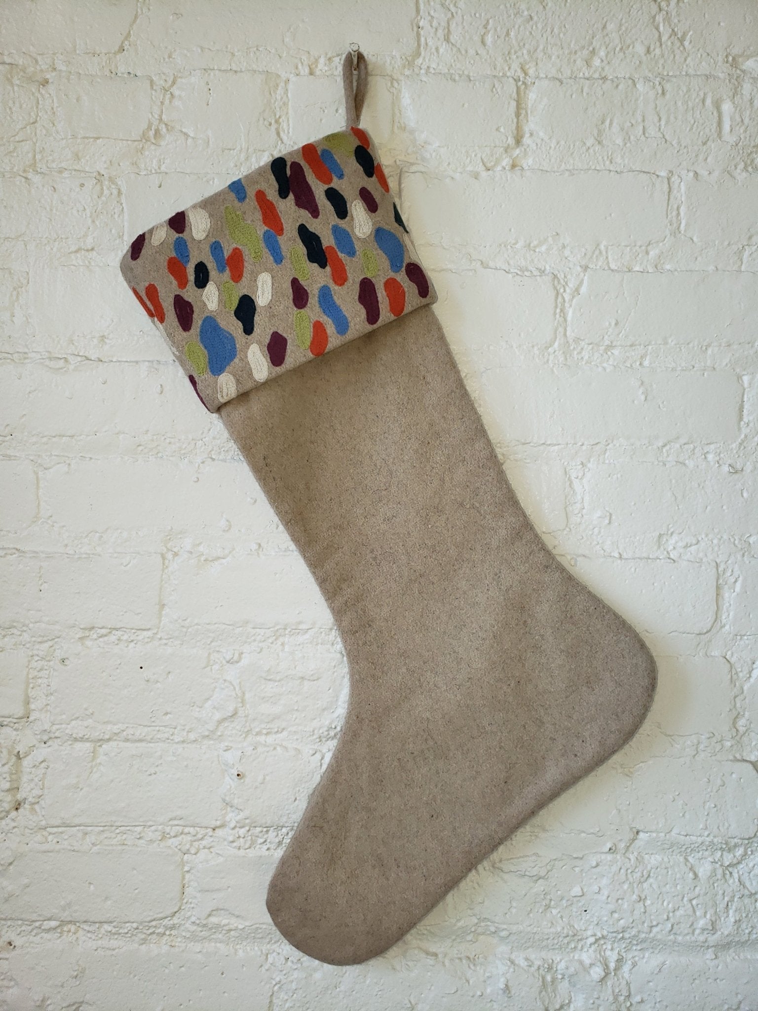 Confetti Design Crewel Cuff Beige Wool Christmas Stocking Arcadia Home - Che Cose Belle