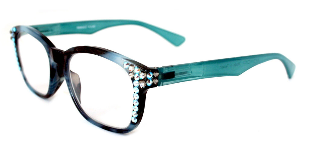 Coral, (Bling) Reading Glasses 4 Women W (Aquamarine, Black Diamond)Genuine European Crystals.(Teal Blue) Marble Pattern Frame. - Che Cose Belle