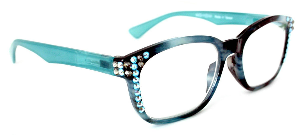 Coral, (Bling) Reading Glasses 4 Women W (Aquamarine, Black Diamond)Genuine European Crystals.(Teal Blue) Marble Pattern Frame. - Che Cose Belle