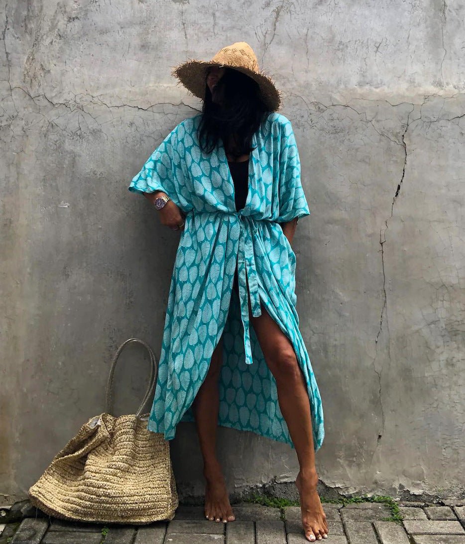 Cotton Leaf Print Beach Cover-Up ¨C Sexy Cardigan Style Vacation Sun Protection Dress - Che Cose Belle