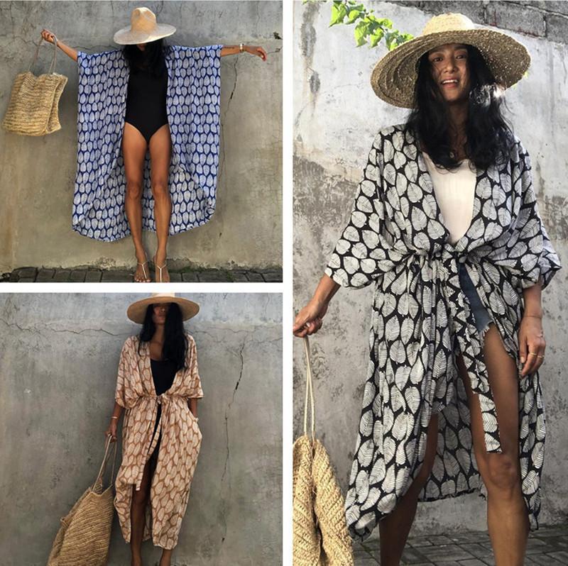 Cotton Leaf Print Beach Cover-Up ¨C Sexy Cardigan Style Vacation Sun Protection Dress - Che Cose Belle