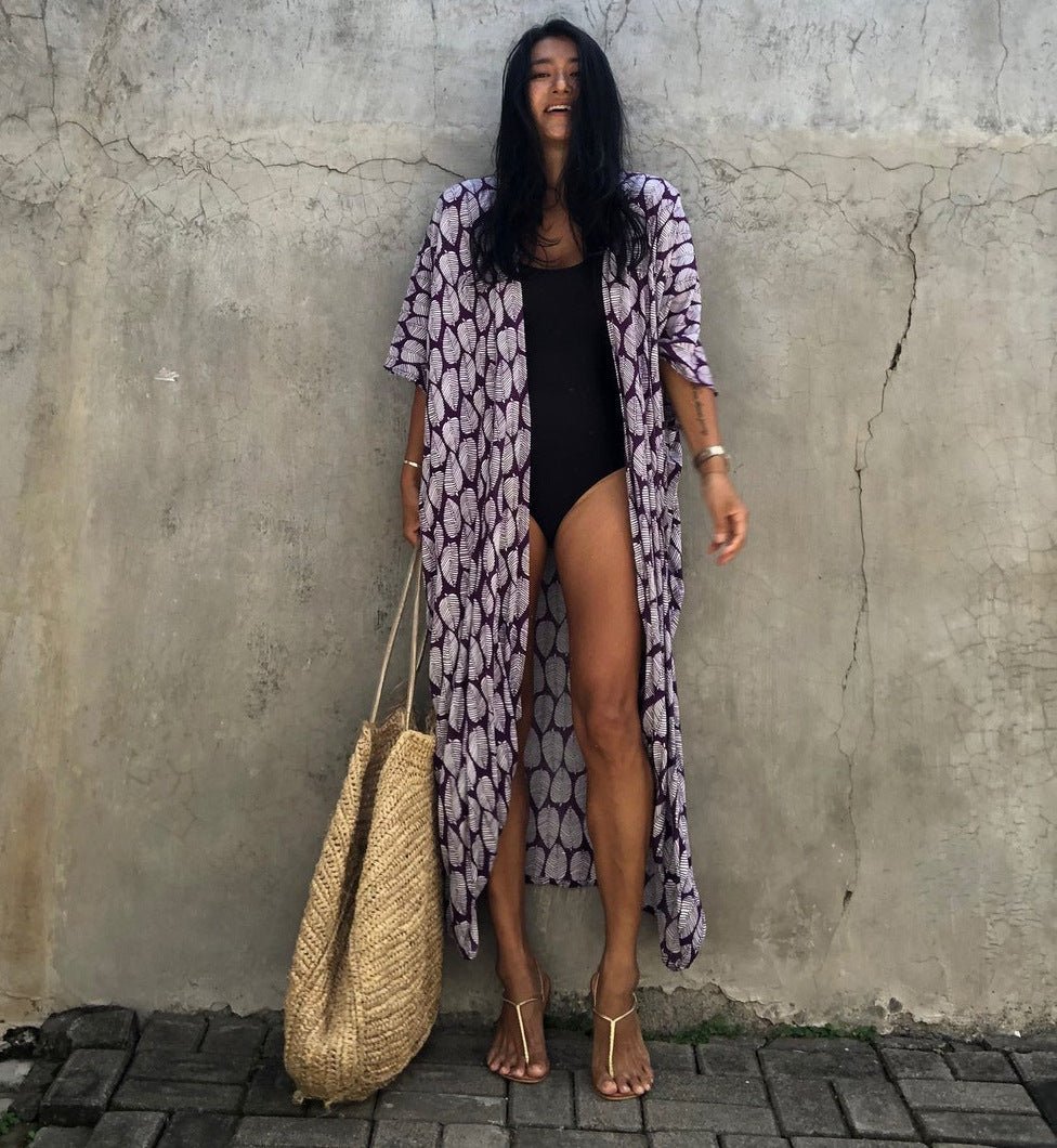 Cotton Leaf Print Beach Cover-Up ¨C Sexy Cardigan Style Vacation Sun Protection Dress - Che Cose Belle