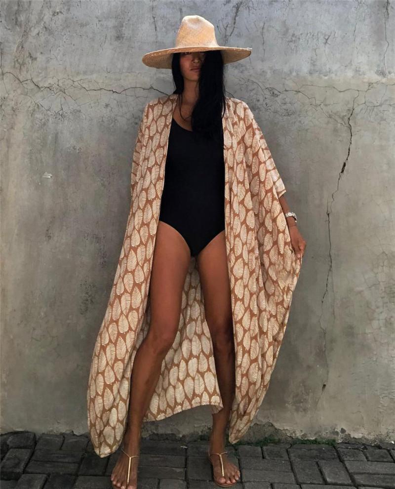 Cotton Leaf Print Beach Cover-Up ¨C Sexy Cardigan Style Vacation Sun Protection Dress - Che Cose Belle