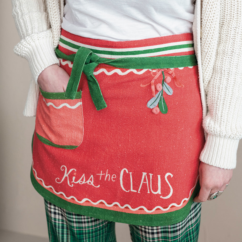 Embroidered & Printed Christmas Apron with Pom Poms & Pocket