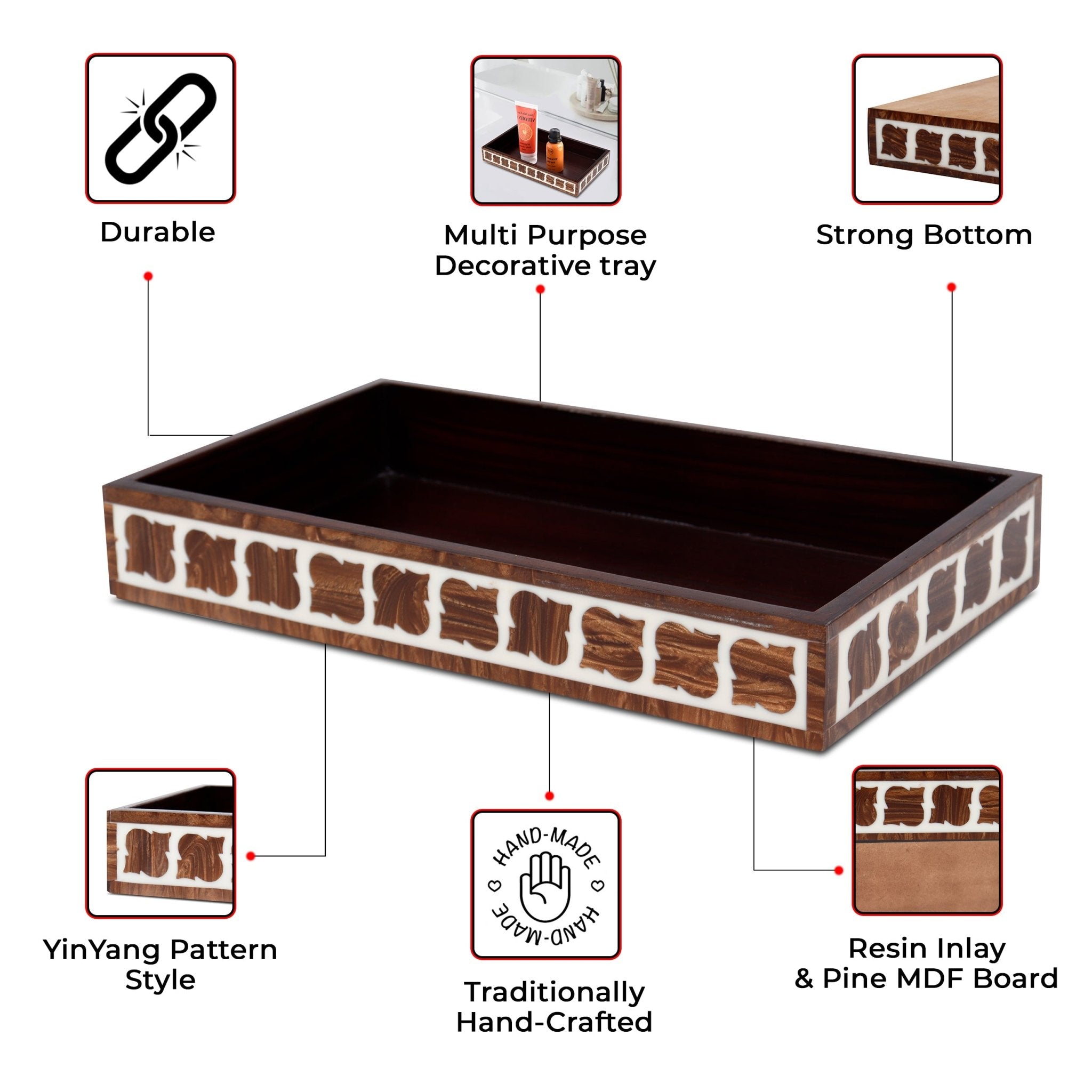 countertop and vanity tray handmade illusion yinyang - pattern 10x6 towel tray brown - Che Cose Belle