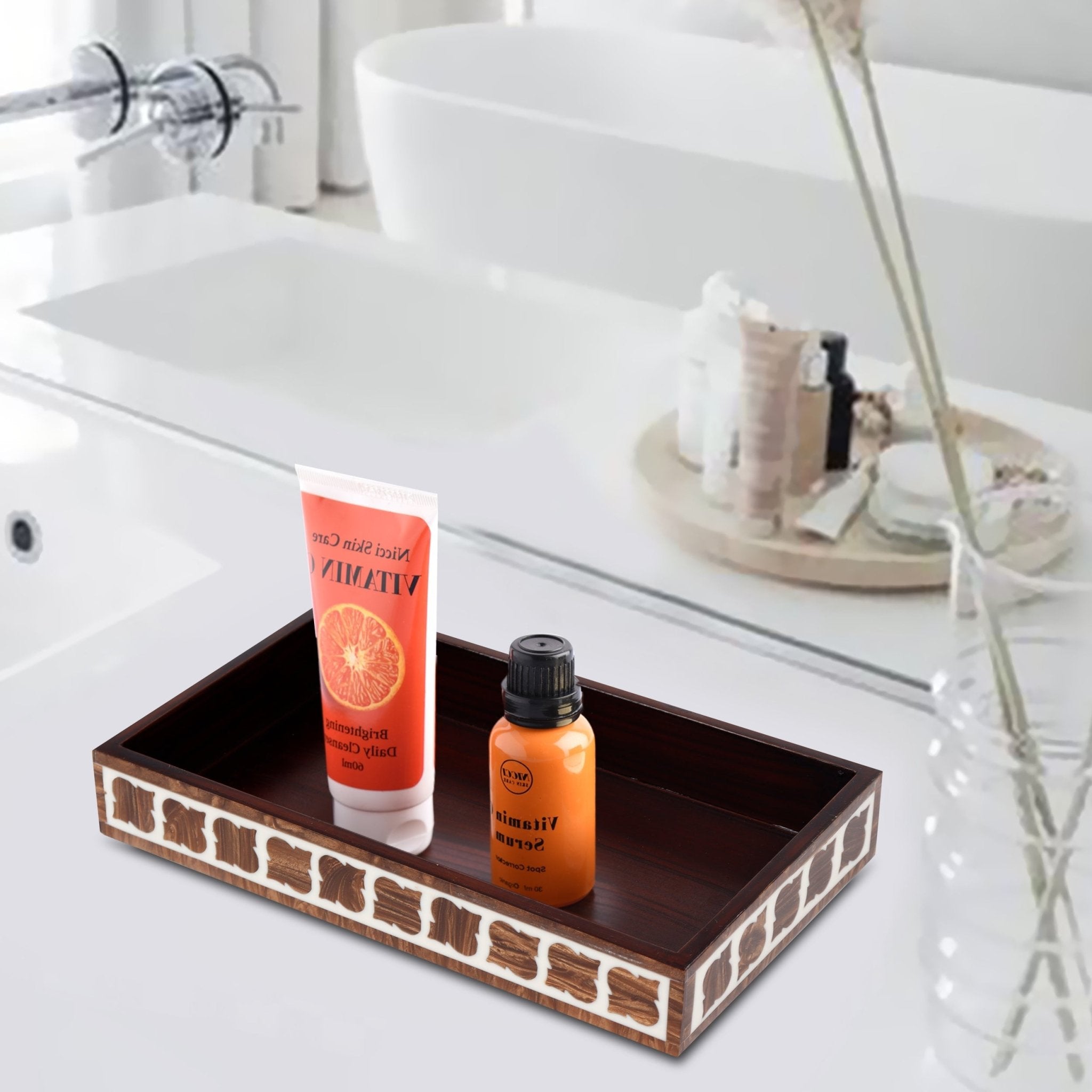 countertop and vanity tray handmade illusion yinyang - pattern 10x6 towel tray brown - Che Cose Belle