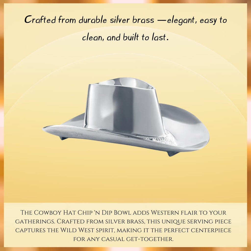 Cowboy Hat Chip and Dip Serving Bowl Silver Brass Snack - Che Cose Belle