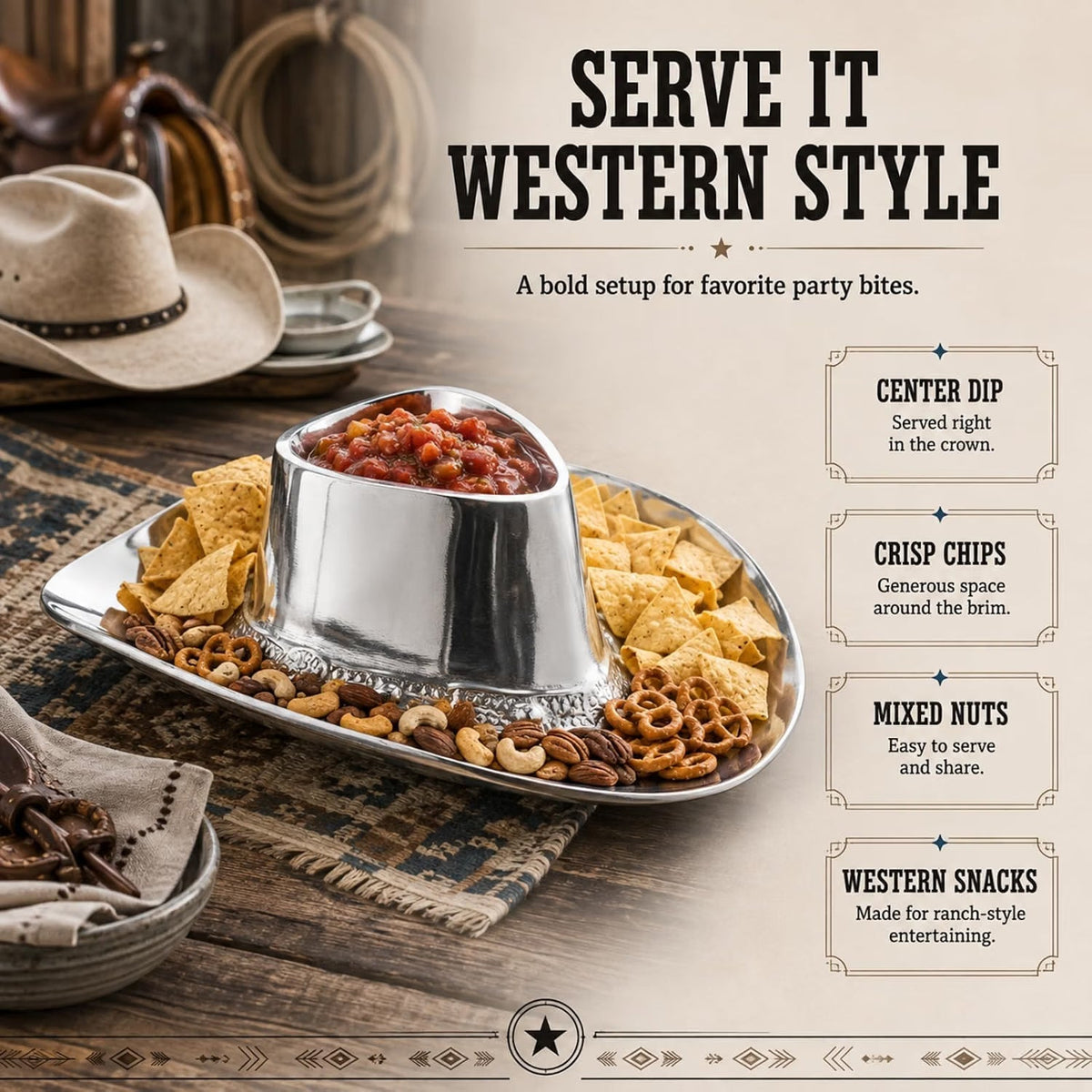 Cowboy Hat Chip and Dip Serving Bowl Silver Brass Snack - Che Cose Belle