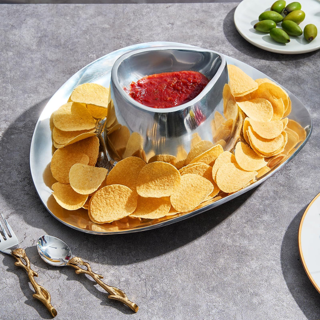 Cowboy Hat Chip and Dip Serving Bowl Silver Brass Snack - Che Cose Belle