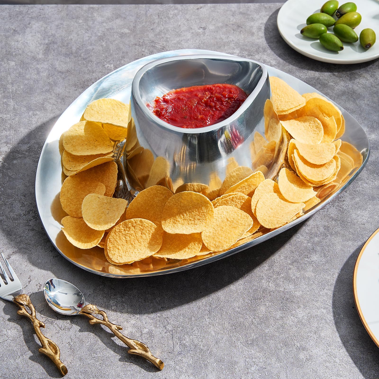 Cowboy Hat Chip and Dip Serving Bowl Silver Brass Snack - Che Cose Belle