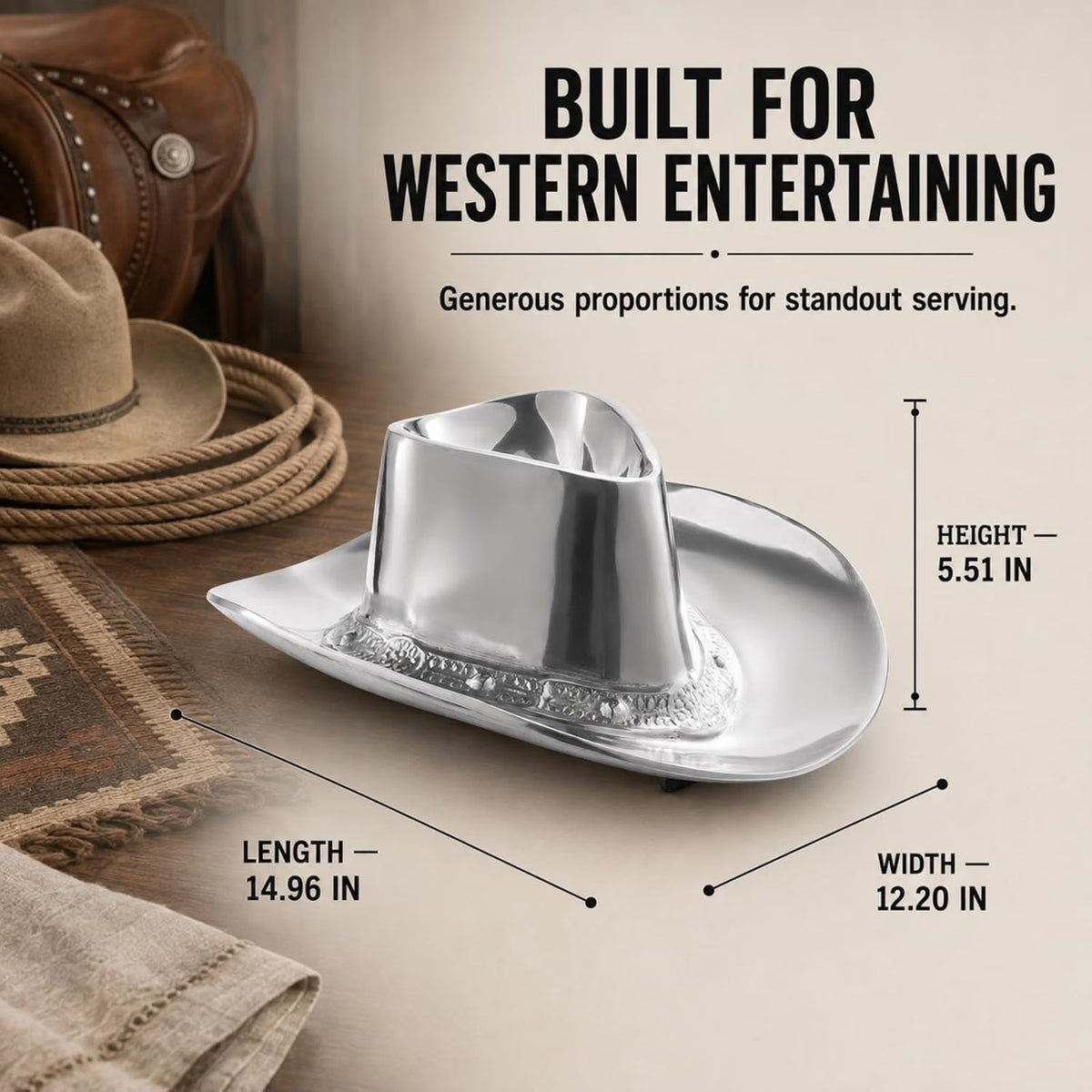 Cowboy Hat Chip and Dip Serving Bowl Silver Brass Snack - Che Cose Belle