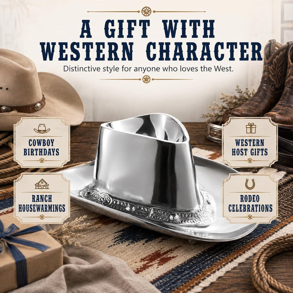 Cowboy Hat Chip and Dip Serving Bowl Silver Brass Snack - Che Cose Belle