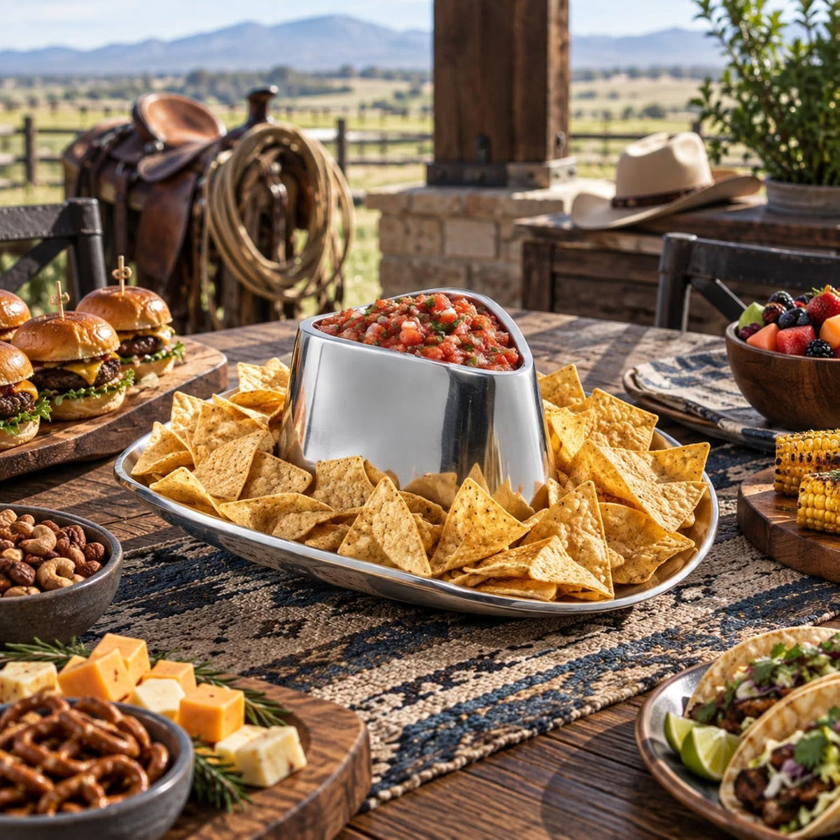 Cowboy Hat Chip and Dip Serving Bowl Silver Brass Snack - Che Cose Belle