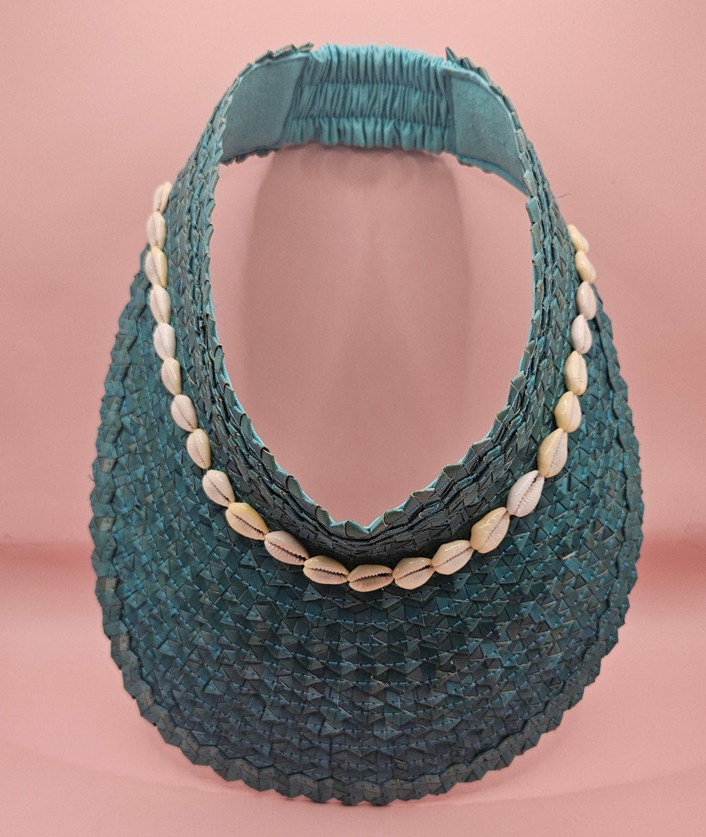 Cowrie Shell Woven Palm Leaf Visor – Handmade Straw Sun Hat with Elastic Band | Black, Blue, Green, or Yellow - Che Cose Belle