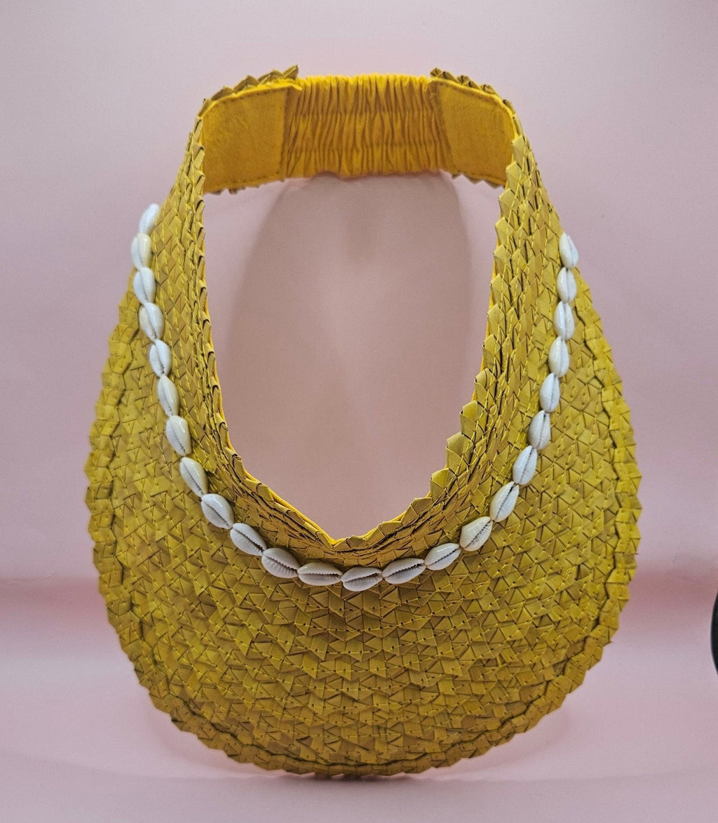 Cowrie Shell Woven Palm Leaf Visor – Handmade Straw Sun Hat with Elastic Band | Black, Blue, Green, or Yellow - Che Cose Belle
