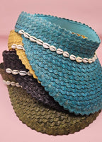 Cowrie Shell Woven Palm Leaf Visor – Handmade Straw Sun Hat with Elastic Band | Black, Blue, Green, or Yellow - Che Cose Belle