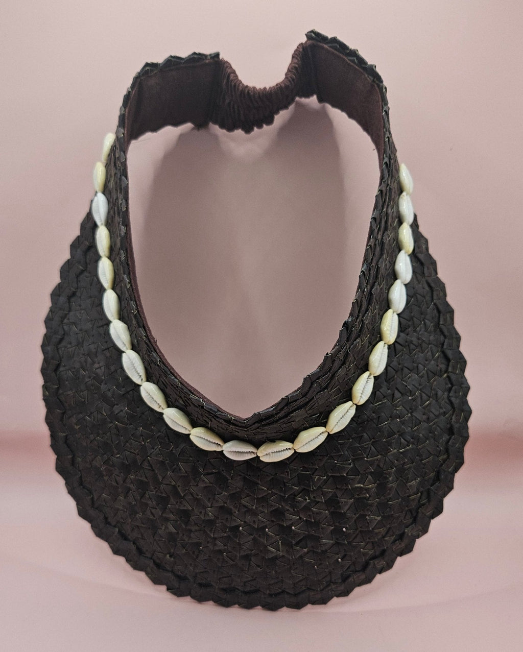 Cowrie Shell Woven Palm Leaf Visor – Handmade Straw Sun Hat with Elastic Band | Black, Blue, Green, or Yellow - Che Cose Belle