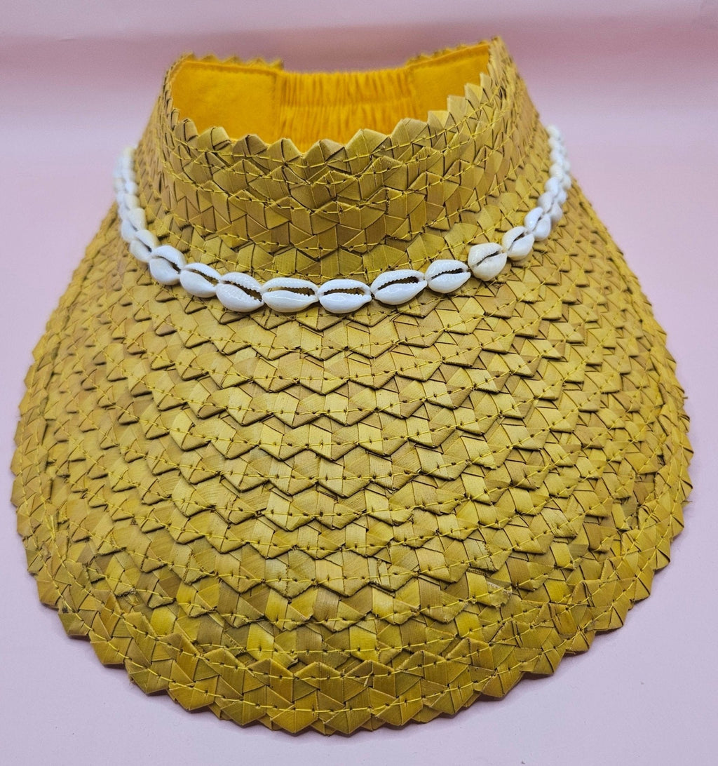 Cowrie Shell Woven Palm Leaf Visor – Handmade Straw Sun Hat with Elastic Band | Black, Blue, Green, or Yellow - Che Cose Belle