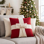 Cream Bow Red- Christmas Pillow Cover Hand Felted Wool - 20" / 14" Arcadia Home - Che Cose Belle