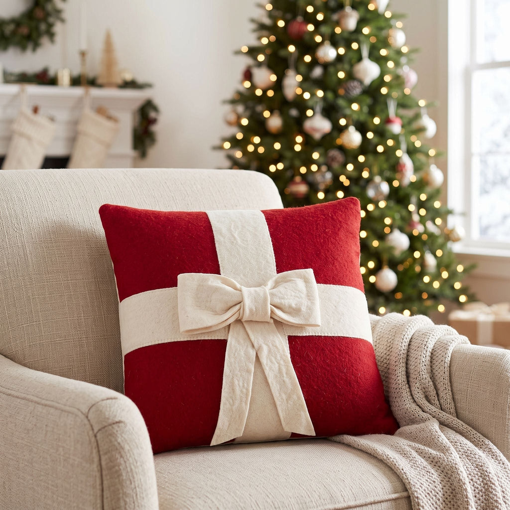 Cream Bow Red- Christmas Pillow Cover Hand Felted Wool - 20" / 14" Arcadia Home - Che Cose Belle