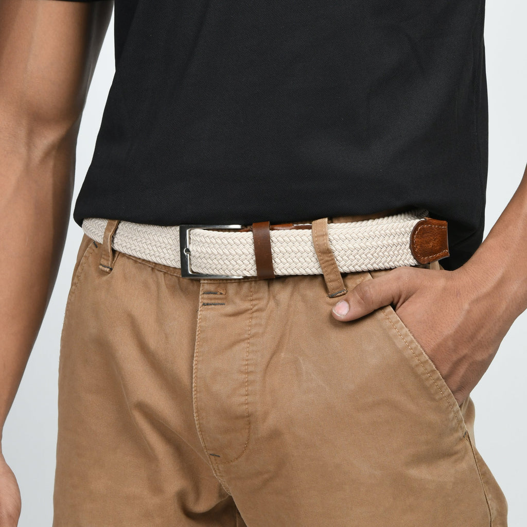 Cream & Brown Braided Canvas Leather Belt - Che Cose Belle