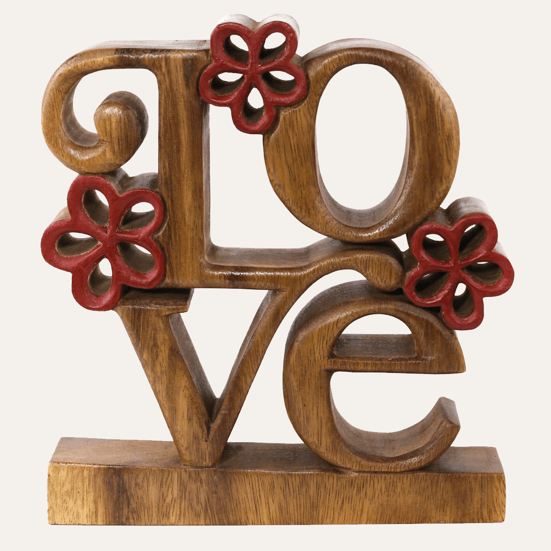Crimson Heart – Hand Carved Wooden Sculpture, Handmade Decorative Home Art - Che Cose Belle