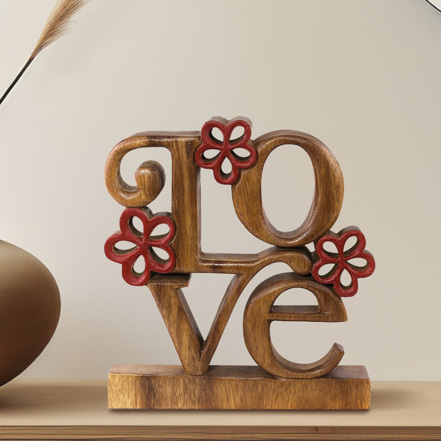 Crimson Heart – Hand Carved Wooden Sculpture, Handmade Decorative Home Art - Che Cose Belle