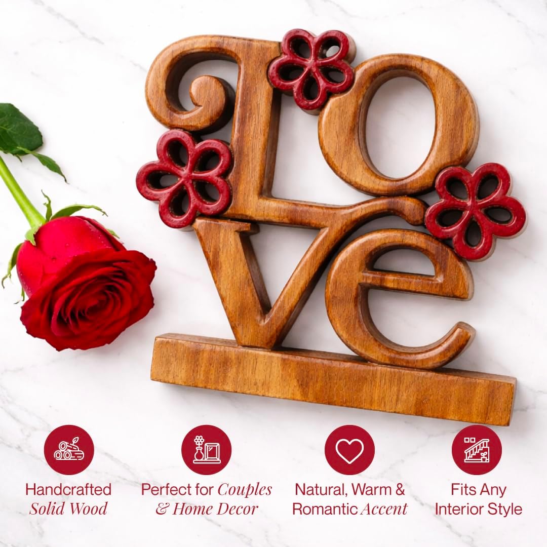 Crimson Heart – Hand Carved Wooden Sculpture, Handmade Decorative Home Art - Che Cose Belle