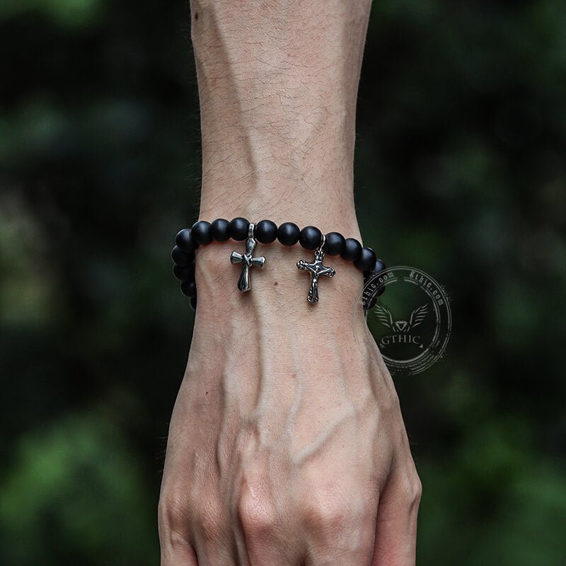Cross Religious Agate Stone Bead Bracelet - Che Cose Belle