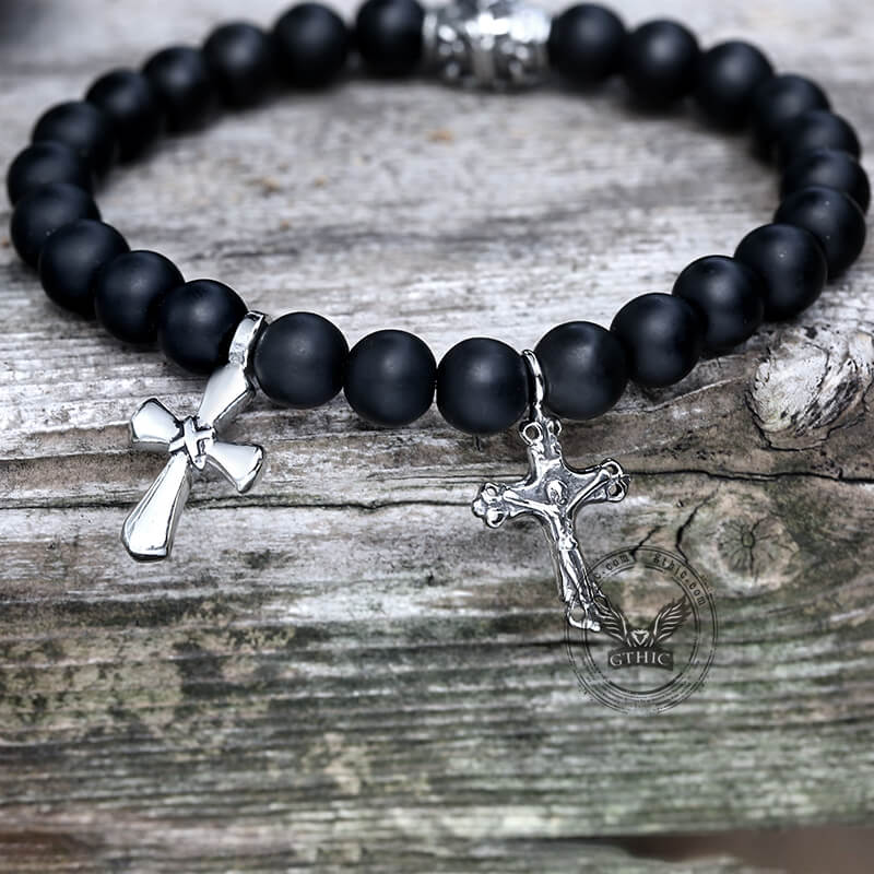 Cross Religious Agate Stone Bead Bracelet - Che Cose Belle