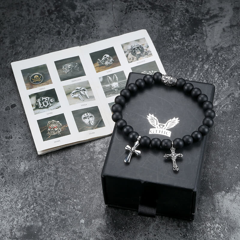 Cross Religious Agate Stone Bead Bracelet
