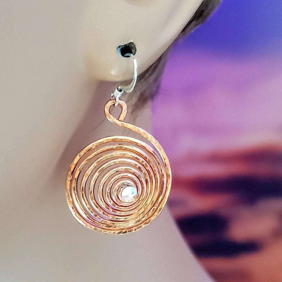 Crystal Embedded Copper Spiral Hoop Earrings - Che Cose Belle