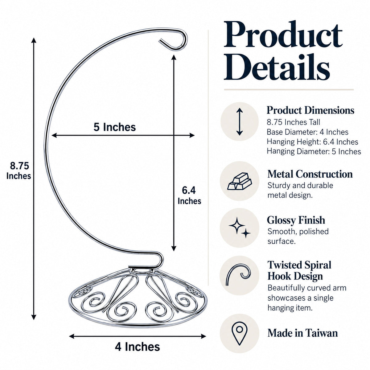 Curved Silver Wire Swirl Base Ornament Stand Display 8.75 Inches (Taiwan) - Che Cose Belle