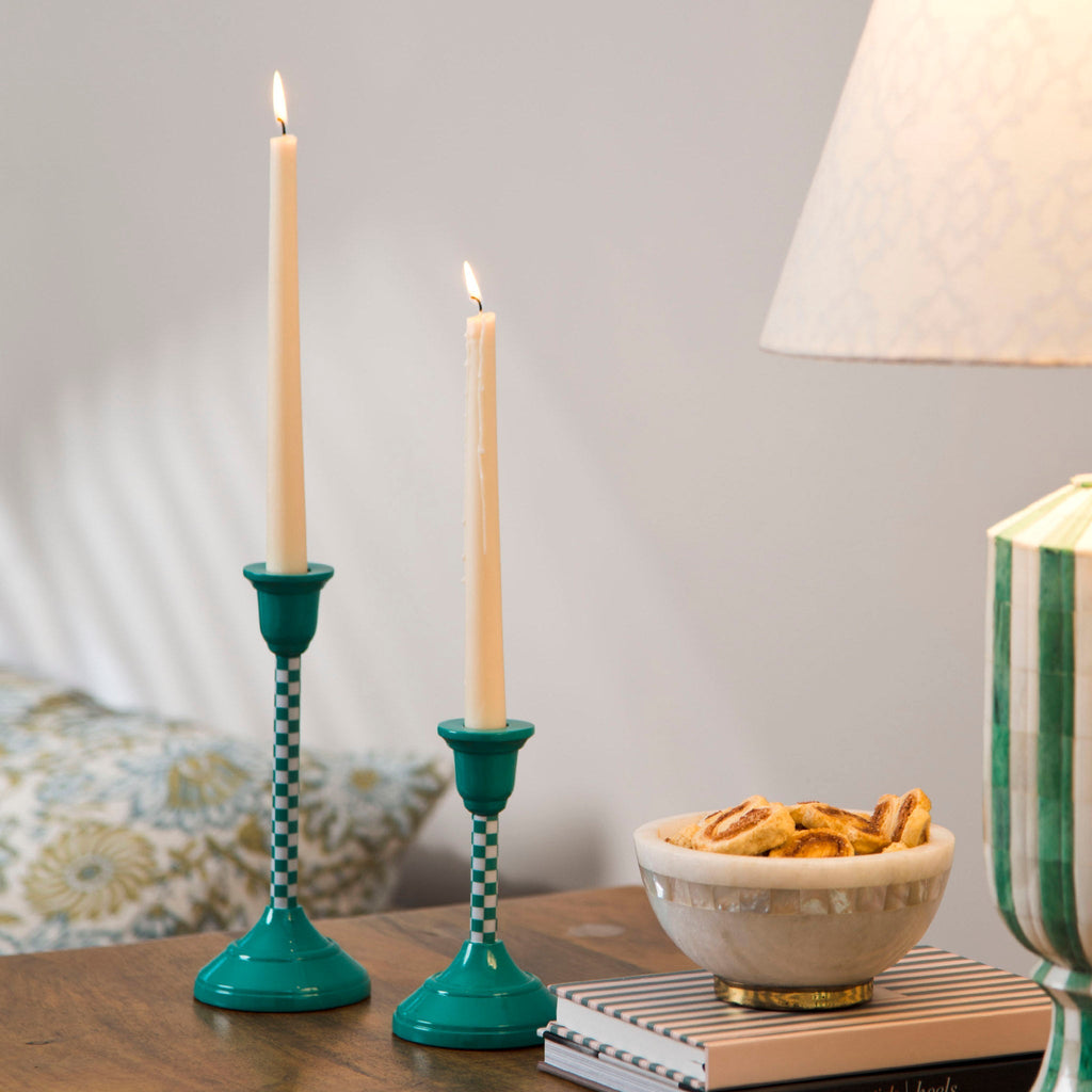 Jade Mint Checkered Candlestick Holder