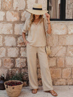 Women's Embroidered V-Neck Top & Wide-Leg Pants Set | Two-Piece Outfit