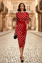 Women's Retro Polka-Dot Bodycon Midi Dress | Belted Waist Slim Fit