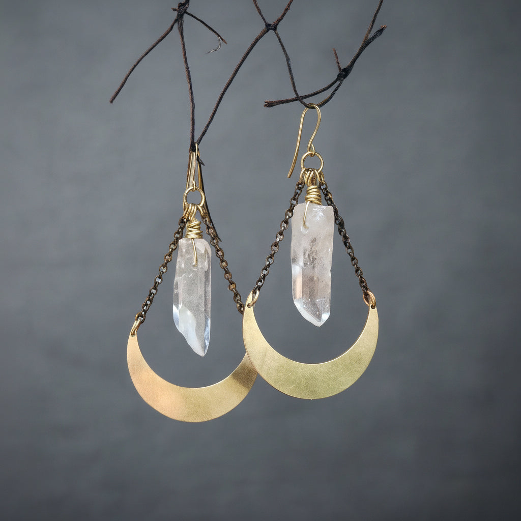 Quartz Point Earrings — Handcrafted Brass Talisman for Clarity and Calm