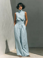Women's Linen-Blend High-Neck Sleeveless Top & Wide-Leg Pants Set