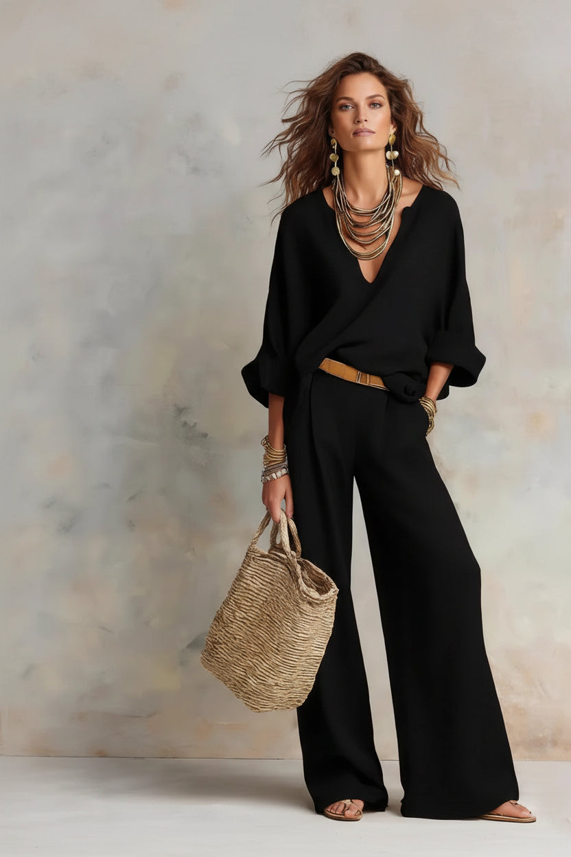 Women's Linen-Style Two-Piece Set – V-Neck Top & Wide-Leg Pants