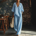 Women's V-Neck Loose Short-Sleeve Top & Pants Two-Piece Set