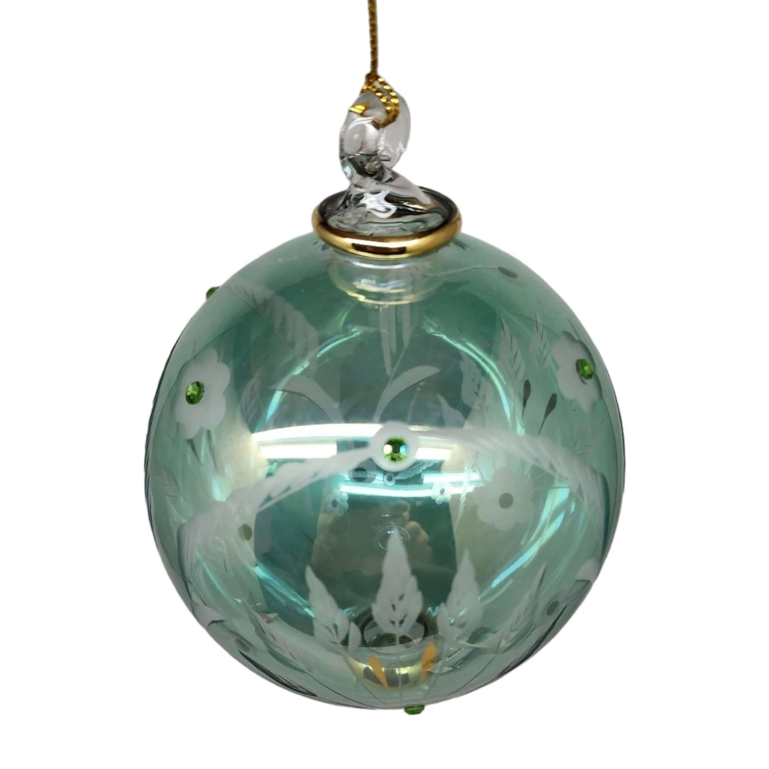 Etched Blown Glass Ball with Crystal Accents - Green