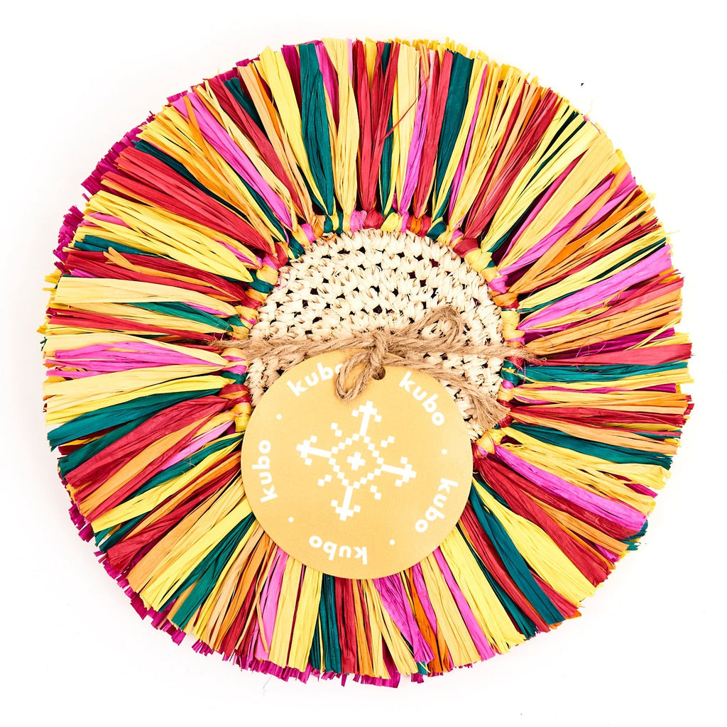 Pahiyas Woven Fringe Raffia Coasters Rainbow, Set of 4