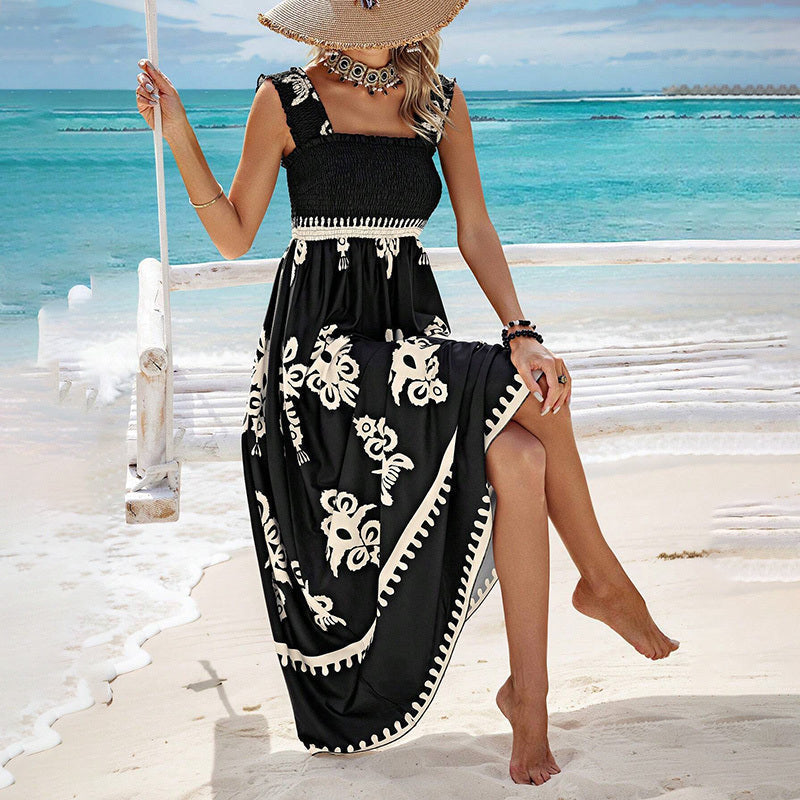 Women's Wide-Strap Printed Maxi Dress – Smocked Bodice & Tassel Waist