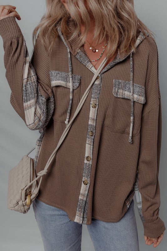 Plaid Patchwork Button-Up Drawstring Hooded Shacket