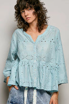 POL Eyelet Embroidery Peplum Button Front Cotton Shirt