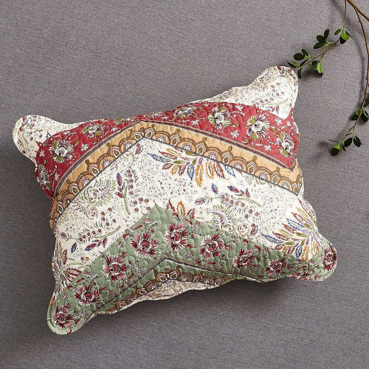 DaDa Bedding Bohemian Cranberry Sage Chevron Patchwork Floral Pillow Sham (JHW924) - Che Cose Belle