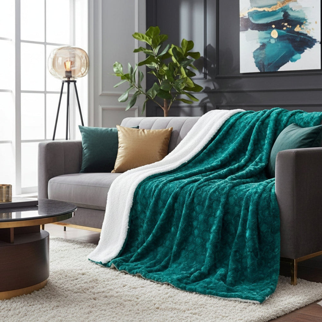 DaDa Bedding Emerald Green Blue Faux Fur Sherpa Throw Blanket - Che Cose Belle