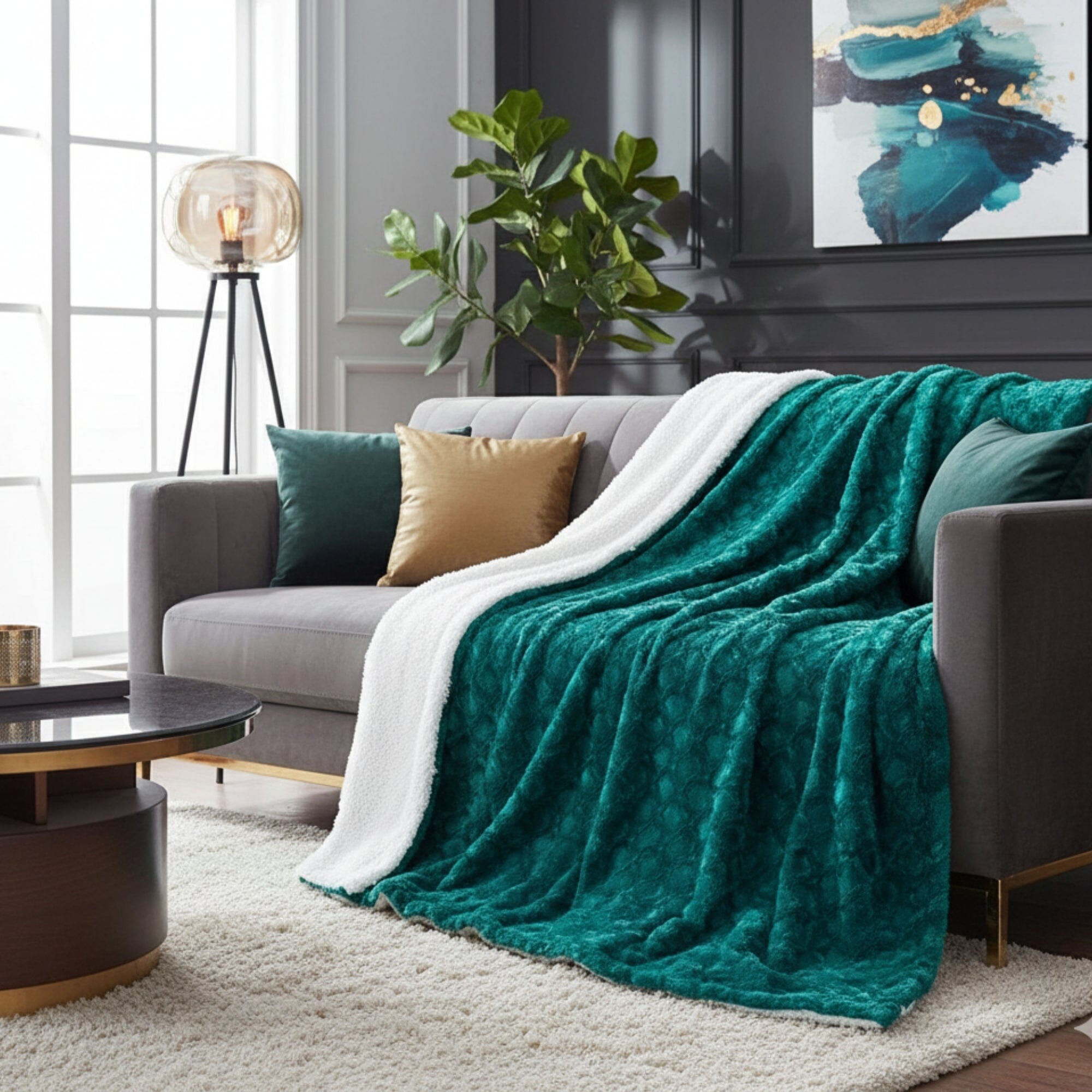 DaDa Bedding Emerald Green Blue Faux Fur Sherpa Throw Blanket - Che Cose Belle