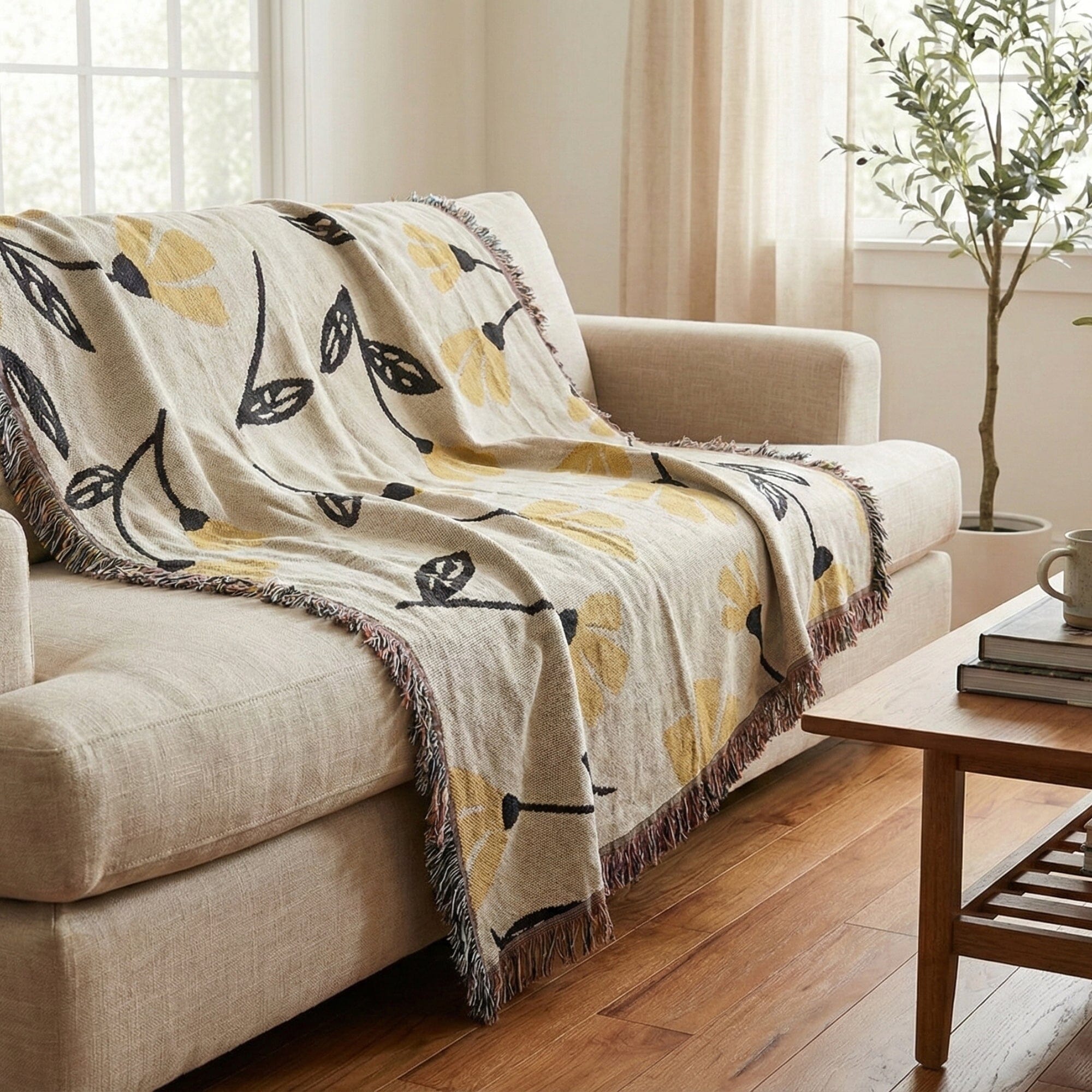 DaDa Bedding Yellow Fleur Botanical Sunshine Golden Floral Woven Tapestry Throw Blanket - 50” x 60” (18112) - Che Cose Belle