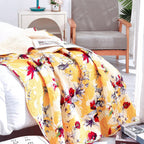 DaDa Bedding Yellow Floral Quilted Throw Blanket - Hummingbirds Farmhouse Red Flowers for Couch, Sofa or Bed- Scalloped Edges - 50 x 60 - Che Cose Belle